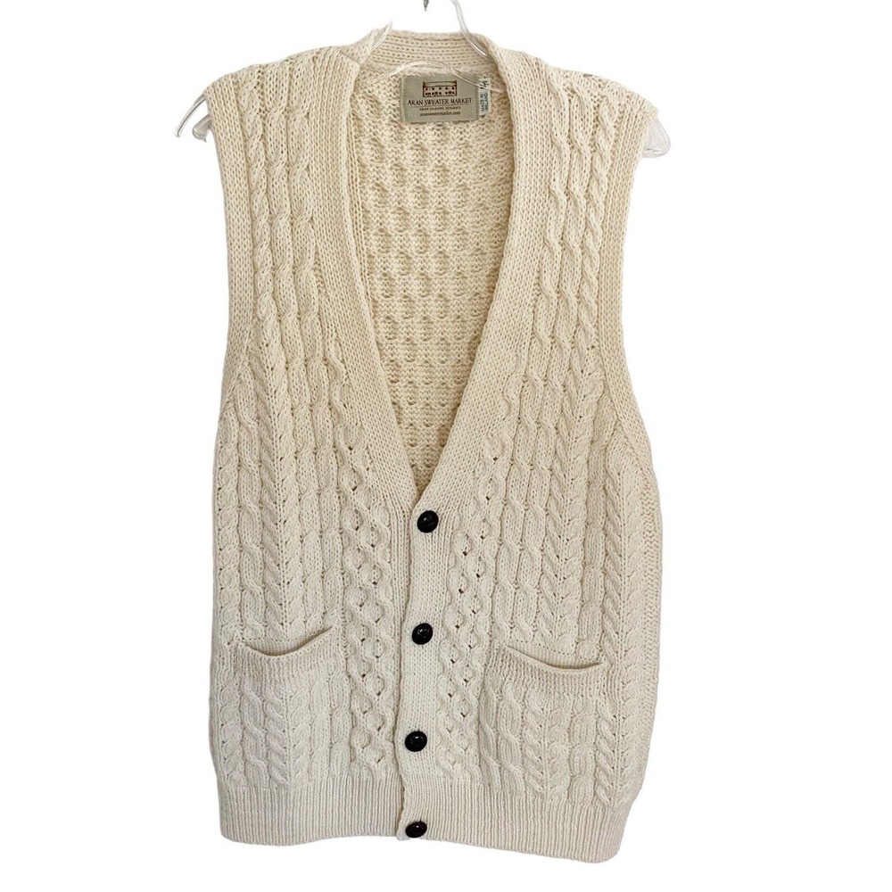 Aran Sweater/Knit  Market VEST Made in Ireland 100% Merino Wool Vest Size M